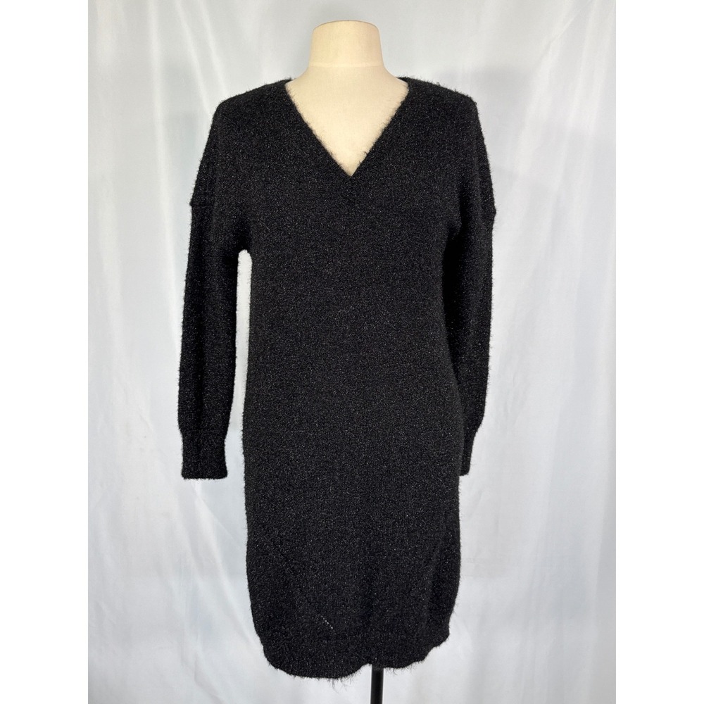 B My Story Black Metallic Knit V-Neck Sweater Dress Long Sleeve Party Chic Small